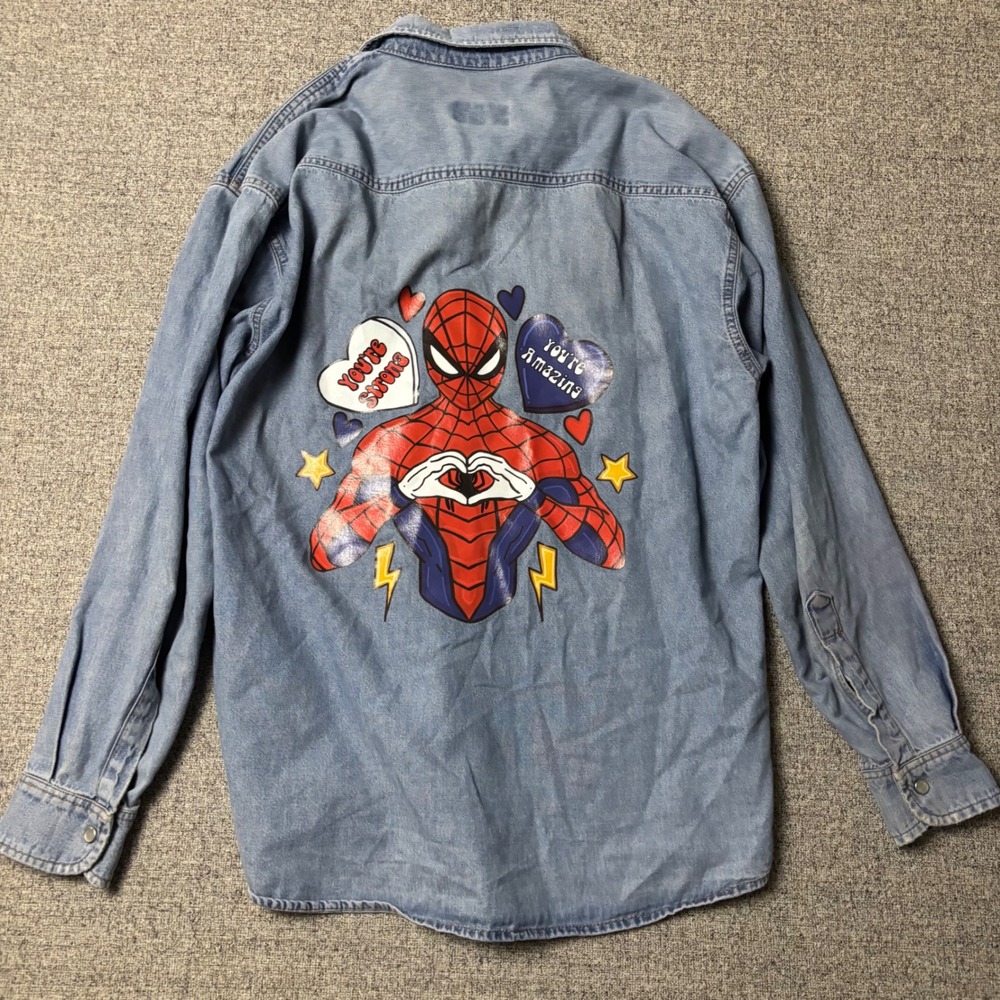Spiderman Graphic Western Pearl Snap Denim Shirt Mens M Blue Distressed